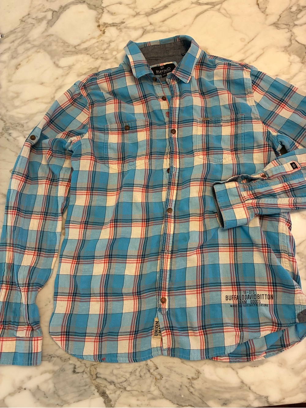 Buffalo David Bitton Blue and White Plaid Button-Down Shirt